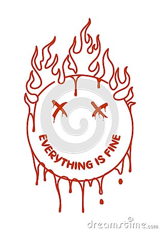 Burning emoji smile that melts and dripping. Design for t-shirt with melting smile emoticon on fire. Typography graphics t-shirt Vector Illustration